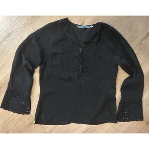 Johnny Was Sheer Crinkle Blouse W/ Lace Front & Sleeves - Size Small